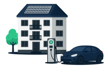 Bytový dům s fotovoltaikou na střeše, nabíjecí stanice a nabíjející se elektromobil před domem