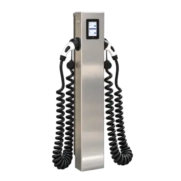 W:Silver stainless steel EV charging column with two charging cables